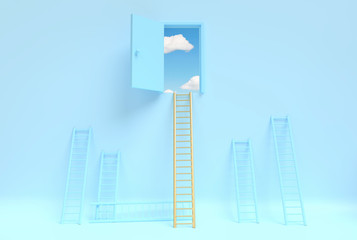 Abstract image with a golden ladder leading to the door with freedom and open air behind it. Blue solid background. 3D illustration © Alex_Po
