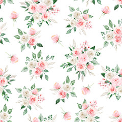 Seamless pattern with watercolor flowers pink roses, repeat floral texture, vintage background hand drawing. Perfectly for wrapping paper, wallpaper, fabric and other printing. 
