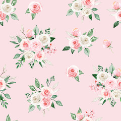 Obraz na płótnie Canvas Seamless pattern with watercolor flowers pink roses, repeat floral texture, vintage background hand drawing. Perfectly for wrapping paper, wallpaper, fabric and other printing. 