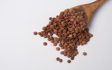 Dry organic brown canadian lentils on a white background