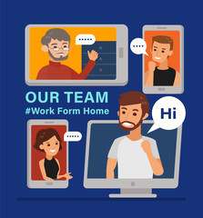 Work from home. Remote working with a business team meeting held via a video conference call. Flat design style online meeting concept illustration.
