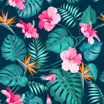 Fototapeta Blossom flowers for seamless pattern background. Tropical flower fashion pattern. Tropic flowers for nature background. Vector illustration.