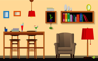 Decorated room vector with various furnitures, bar, drinks, lamps, books, chairs, furnitures