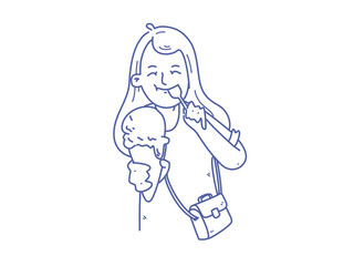 teenager cute beautiful girl love to have an ice-cream in summer time outline illustration in vector