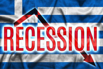 Economic crisis in Greece. Flag of the Greece, red arrow down and the inscription Recession. Slowdown and decline of the economy.