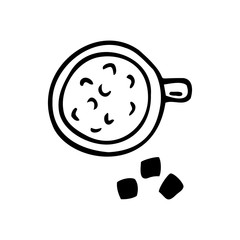 Hand drawn Cup with coffee and sugar on a white isolated background. Doodle, simple outline illustration. It can be used for decoration of textile, paper and other surfaces.