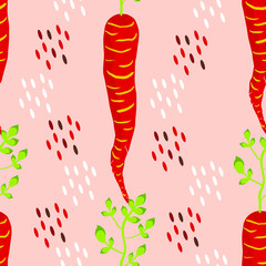 Vector seamless carrot pattern. Juicy bright ripe carrot with leaves proper nutrition, farm products, vegan food, diet, diet products seamless pattern design for printing on textile, paper, packaging.