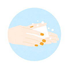 Wash your hands round textured illustration on the white background. Motivation badge with hands and soap. Covid-19 prevention