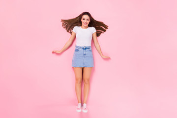 Top above high angle view full length photo of good look lovely youth girl lady enjoy spring free time weekend lay isolated over pastel color background