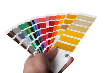 the hand points to a collection of ral colors isolated on a white background