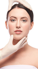 Beauty girl cosmetology test. Doctor gloves. Cosmetology clinic treatment. Woman face therapy....