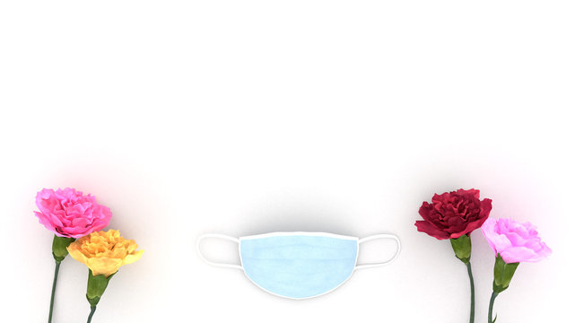 Background image of colorful flowers and masks. Concept image of the impact on Mother's Day of influenza and viruses such as SARS and COVID-19.