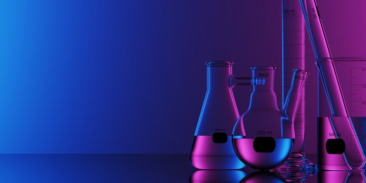 Minimal composition for medical and scientific concept. Set of laboratory glassware on blue and magenta neon light background. 3d rendering illustration.