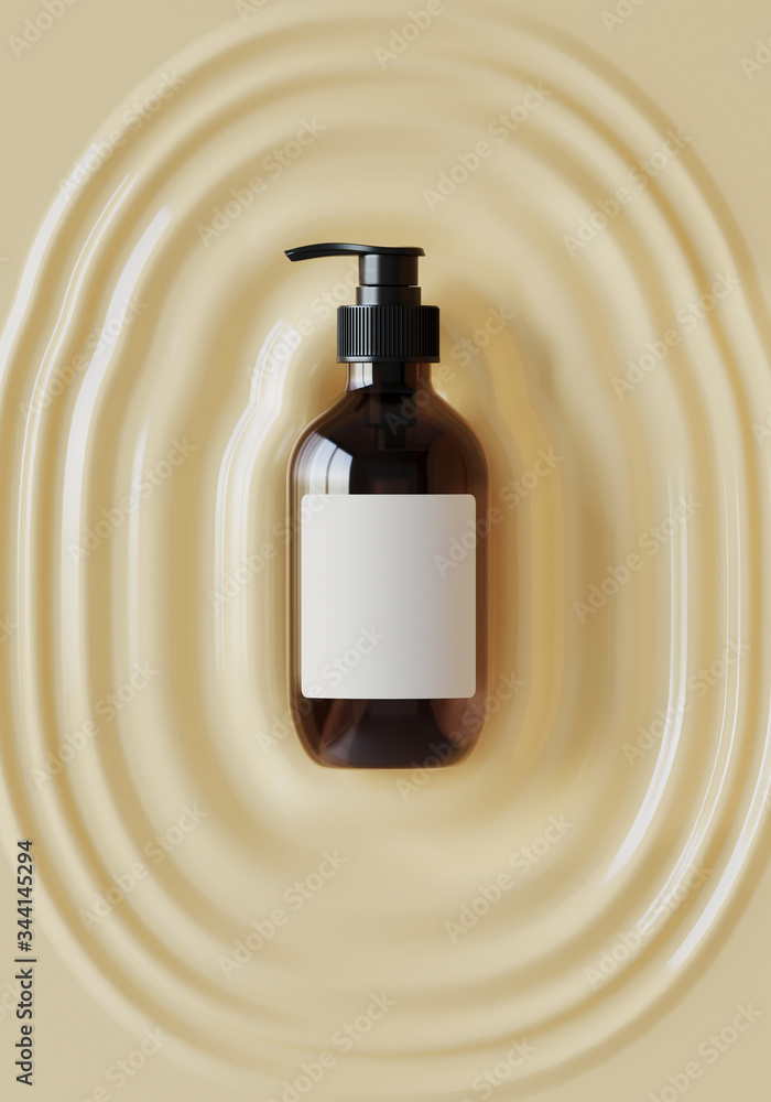 Poster minimal background for soft and smooth concept. cosmetic bottle on round cream ripple surface backgr