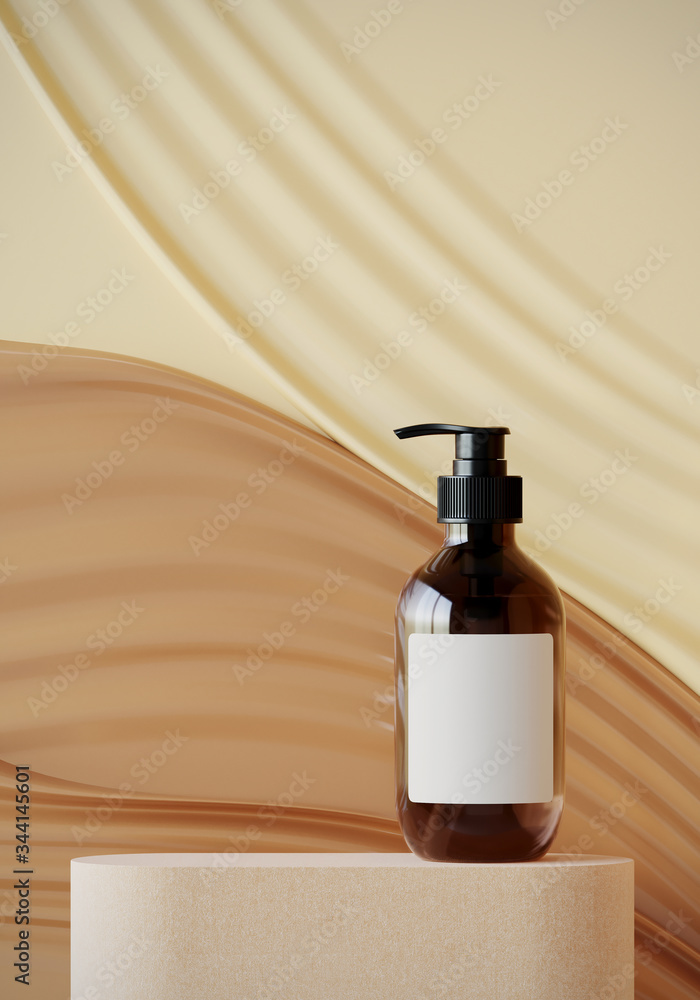 Poster minimal background for soft and smooth concept. cosmetic bottle on podium with cream ripple surface 