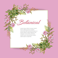 Water color pink rose bouquet botanical style illustration design on corner, white and pink background illustration vector