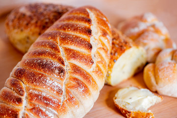 Baked loafs of bread.