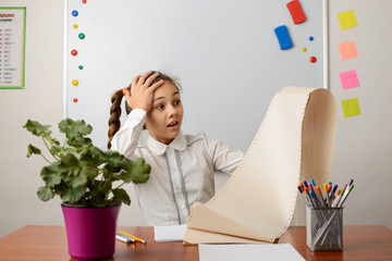 Shocked girl looking at a big list of work. Confused office worker scared of the amount of work and...