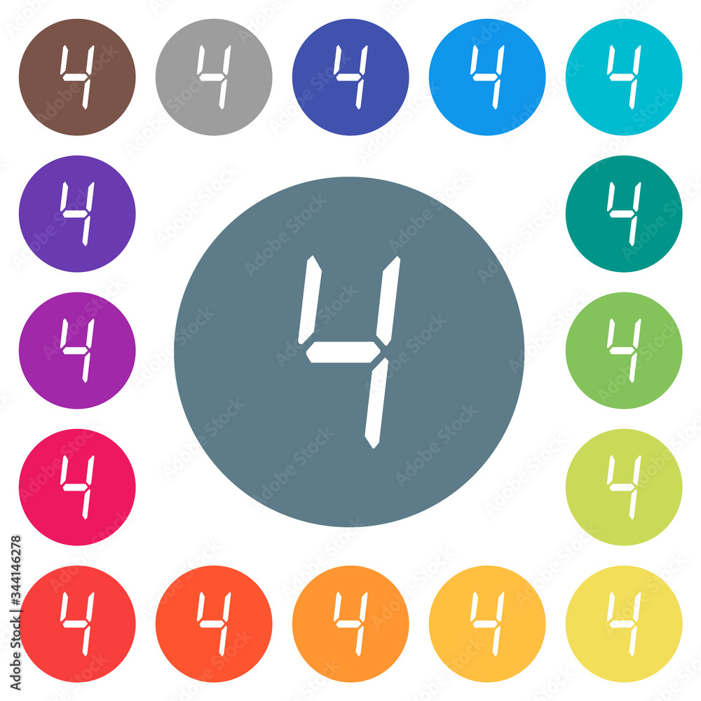 Poster digital number four of seven segment type flat white icons on round color backgrounds