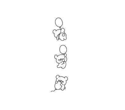 Set vector contour bear with balloon. Cartoon bear. Blachk thin contour. Icon bear. Tatoo cartoon bear. Small cute tattoo. Comics bear. Flying balloon. 