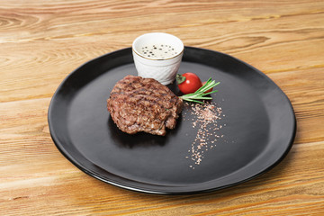 Generous piece of grilled steak with fat. Beef and noble meat