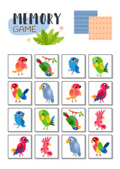 Memory game with cartoon tropical parrots. Vector