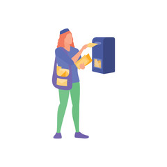 Cartoon woman postman puts letters in the mailbox. Cute female character delivers mail isolated on white background. Dilivery girl with envelopes. Postwoman in uniform. Flat vector illustration