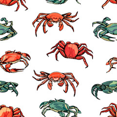 Vintage hand drawn vector seamless pattern. Background of beautiful crabs. Realistic graphic sketches of crustacean animals. Bright surface design for wallpaper, wrap, textile, postcards, prints etc.