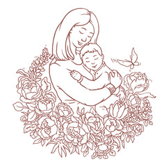 Mother with her little son. Adult coloring vector page. Motherday illustration