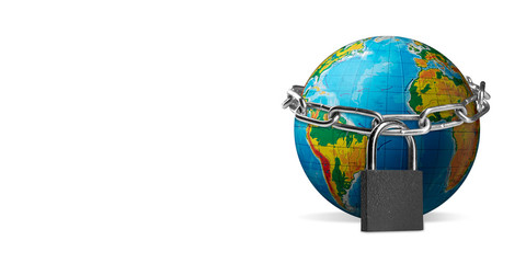 Planet Earth, globe locking with chain. Countries lockdown during coronavirus, COVID spreading. Concept of medicine and healthcare. Worldwide epidemic, quarantine, insulation. Flyer with copyspace.