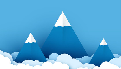 Paper art origami mountains with snow, white fluffy clouds, blue sky. Landscape with high mountains. Illustration of nature landscape and concept of travelling. vector
