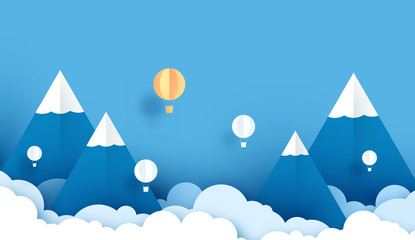 3D paper art and craft of balloon white floating on sky, Balloon with travel. landscape snowy mountain.vector illustartion