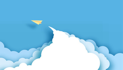Yellow paper airplanes flying on blue sky and cloud.Paper art style of business success and leadership creative concept idea.Vector illustration.