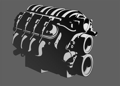 Black and white modern car engine in vector.
