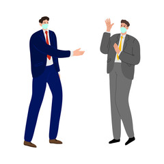 Businessmen in masks greeting each other from distance