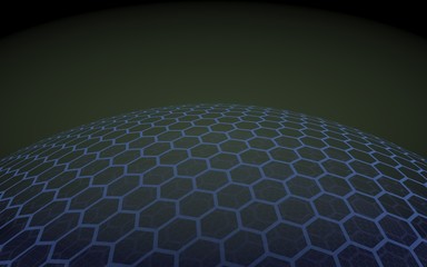 Multilayer sphere of honeycombs, blue on a black background, social network, computer network, technology, global network. 3D illustration