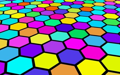 Honeycomb multi-colored. Perspective view on polygon look like honeycomb. Isometric geometry. 3D illustration