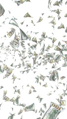 Flying dollars banknotes isolated on white background. Money is flying in the air. 100 US banknotes new sample. 3D illustration