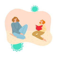 Mother and daughter staying at home and reading for protection from coronavirus infection