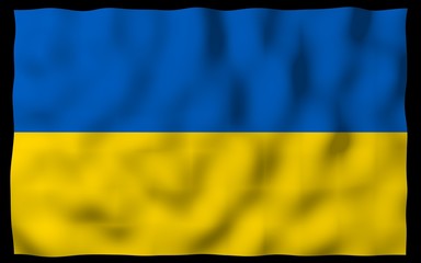 The flag of Ukraine on a dark background. National flag and state ensign. Blue and yellow bicolour. 3D illustration waving flag