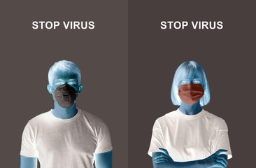 Young boy and girl demonstrate the difference between a surgical mask and a respirator to protect...