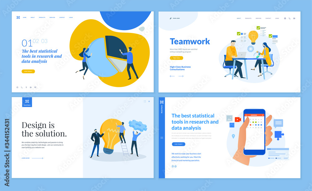 Poster set of flat design web page templates of team and teamwork, market research, business analysis and s