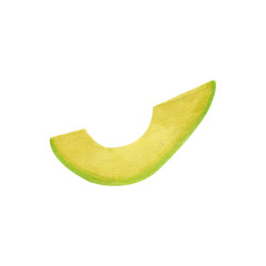 Slice of fresh avocado green vegetable isolated on white background. Watercolor markers hand drawn illustration. Igredient for salad making, guacamole, sause, sushi, sandwich. Proper nutrition, vegan.