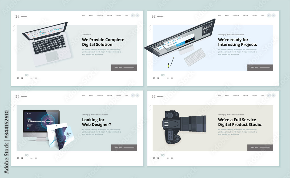 Poster set of flat design web page templates of web and app design and development, graphic design, video a
