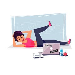 Happy beautiful sporty woman in tight sportswear doing workout  while watching training video on notebook or laptop. fit from home concept