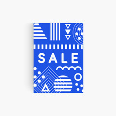 Blue geometric memphis backdrop template for sale banner, poster, flyer, discount card, invitation and offer leaflet. Vector abstract shapes with sale text.