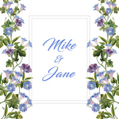 Water color wedding card decorated with blue morning glory flower in botanical style bouquet on both side illustration vector.
