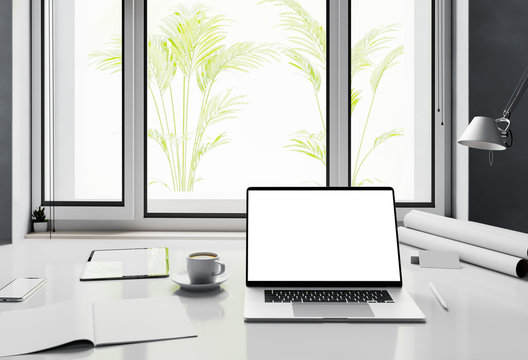 Fron view laptop Empty white screen in home interior workpark at windows ,Easy replace your design in white screen laptop mockup,3D illustration