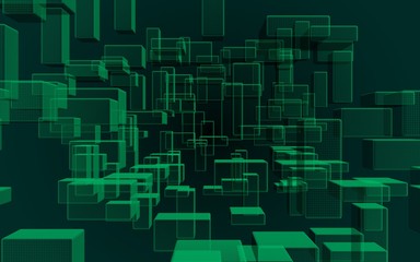 Green and dark abstract digital and technology background. The pattern with repeating rectangles. 3D illustration