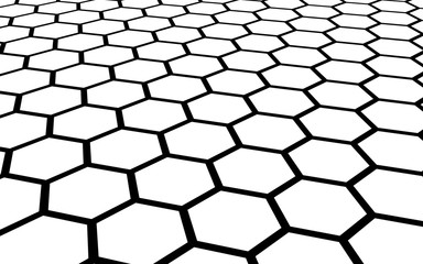 Black honeycomb on a white background. Perspective view on polygon look like honeycomb. Isometric geometry. 3D illustration